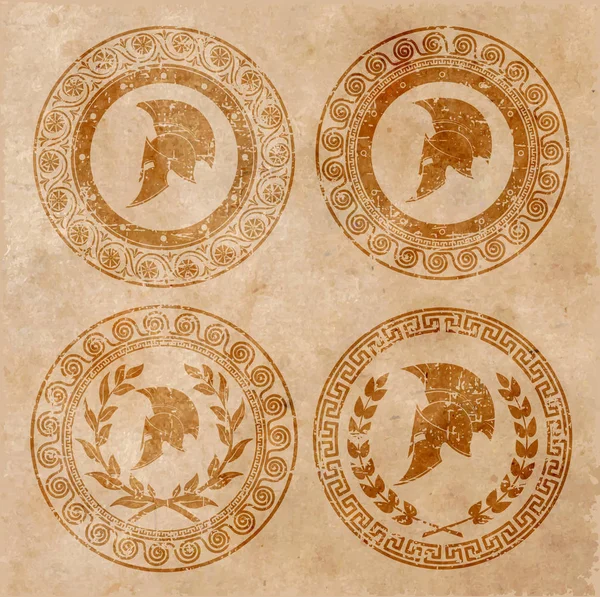 Casco espartano un icono en papel viejo en estilo grunge, se emite en estilo griego antiguo . — Vector de stock
