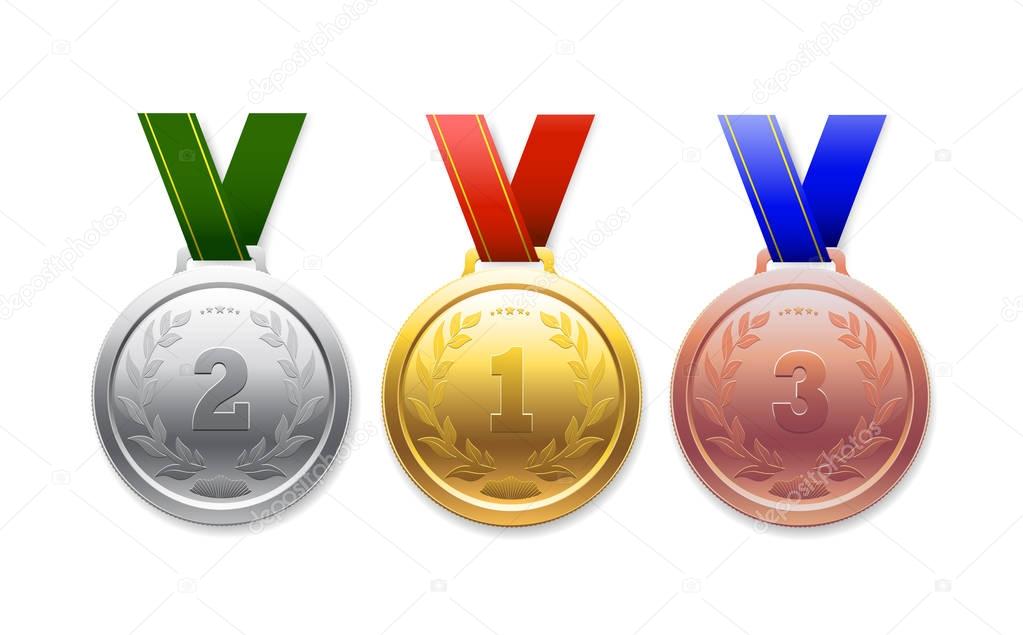 Medal gold, silver, bronze, for sporting achievements on a white background. 