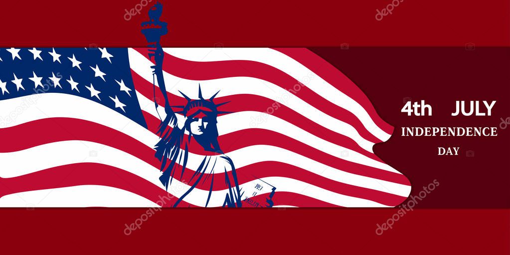 Statue of Liberty against the background of national flag of the USA symbolizes an Independence Day on July 4. 