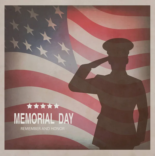 Ημέρα μνήμης. Ευχετήρια κάρτα με σημαία και στρατιώτης σε φόντο. Εικονογράφηση διάνυσμα. — Διανυσματικό Αρχείο