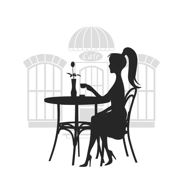 Dívka za stolku v kavárně pije kávu vektorové ilustrace. — Stockový vektor