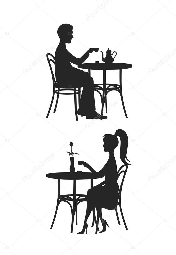 People behind a little table in cafe drinks coffee.