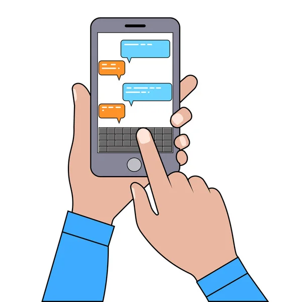 Human hands hold the smartphone correspondence a chat . — Stock Vector