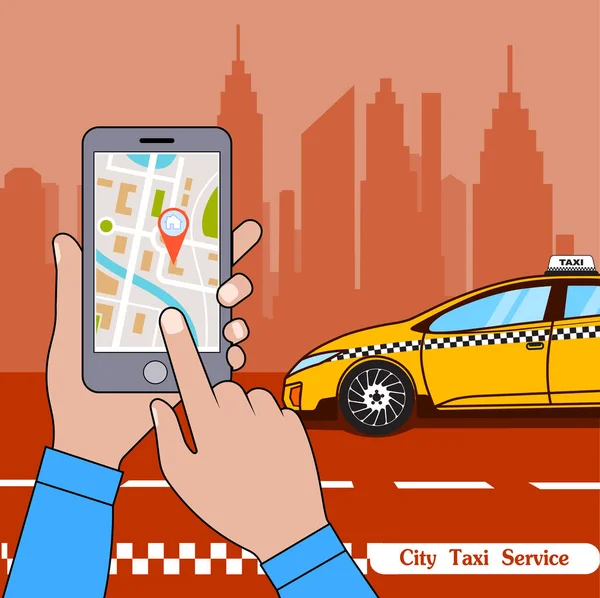 Smartfon z aplikacją usługi City taxi na ekrane.vector ilustracja koncepcja inteligentnych usług Taxi online. — Wektor stockowy