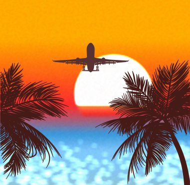 Tropics, günbatımı bir seyahat ile bir vektör çizim uçakları.