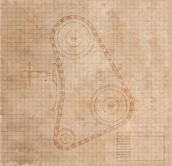 El dibujo técnico del mecanismo del automóvil sobre la hoja vieja del papel la ilustración vectorial . — Archivo Imágenes Vectoriales