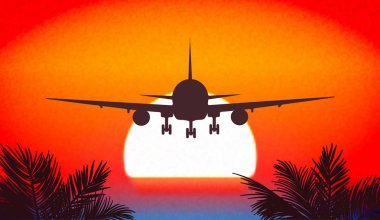 Tropics, günbatımı bir seyahat ile bir vektör çizim uçakları.