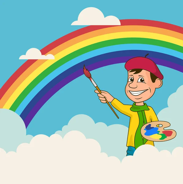 A merry artist draws a rainbow vector illustration. — Stock Vector
