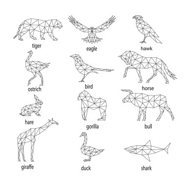 çokgenler üzerinden soyut hayvan siluetleri kümesi.