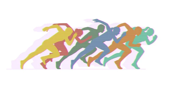 Group of running people in the style of glitch art. — Stock Vector