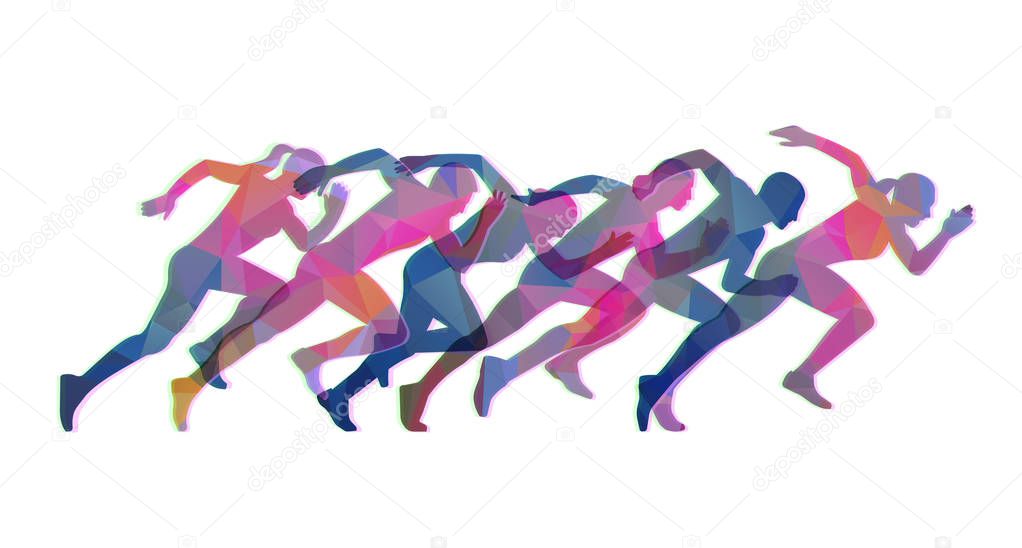 Group of running people from the polygons in the style of glitch art. 