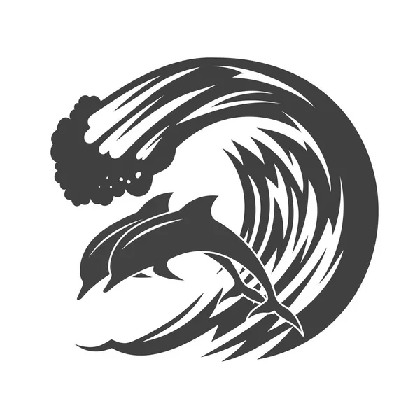 Paquete de delfines saltando en olas, un icono monocromo . — Vector de stock