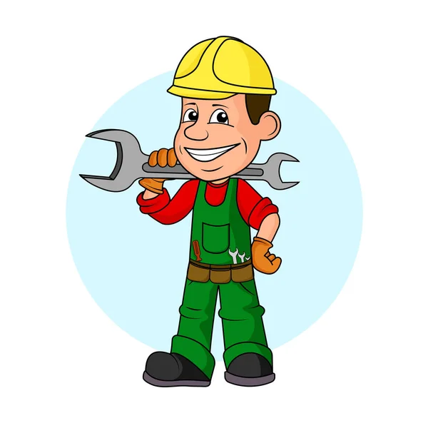 Ridiculous caricature the cheerful worker with the tool in hands a vector illustration. — Stock Vector