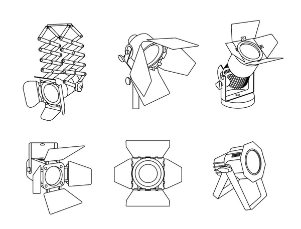 Échantillons de matériel d'éclairage, ensemble de projecteurs sur fond blanc . — Image vectorielle