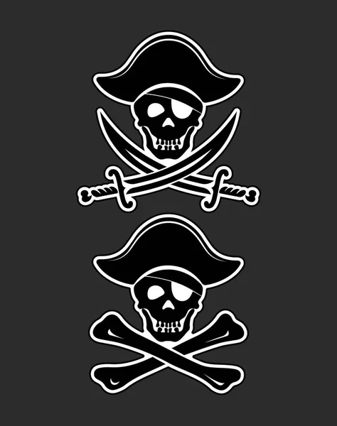 Caveira símbolo pirata e ossos em um fundo preto . —  Vetores de Stock