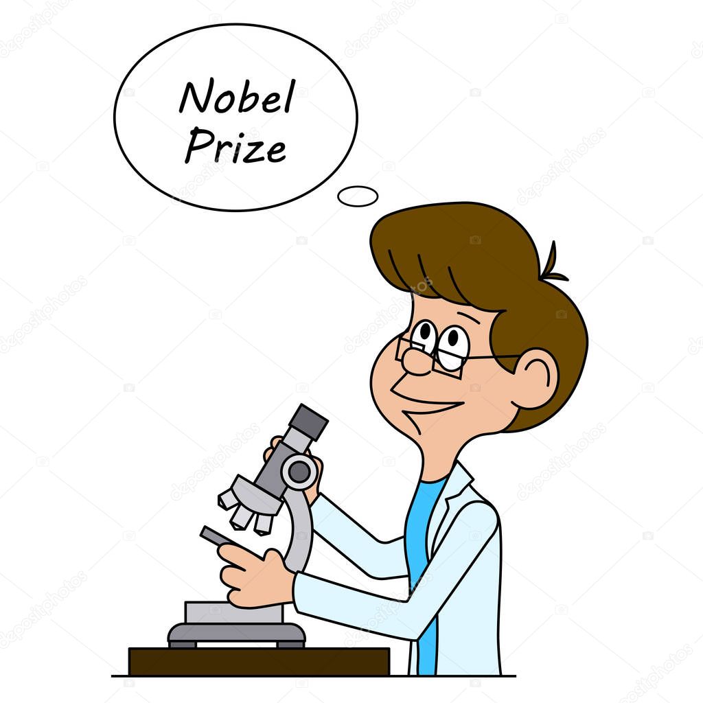 Cartoon scientist dreams of the Nobel Prize.