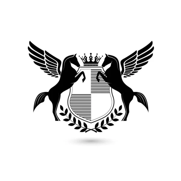 Wappensymbol Pegasus Pferd mit Schildvektorillustration — Stockvektor