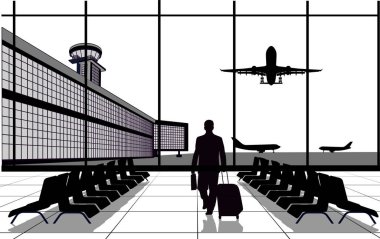 Havaalanı terminal vektör illüstrasyonundaki adam.