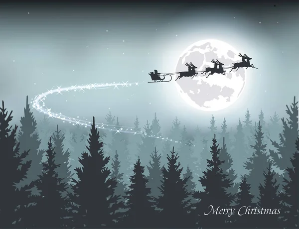 Santa flying in a sleigh on the background of the moon vector illustration — Stock Vector
