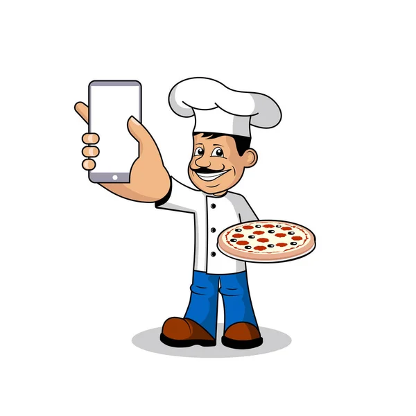 Vrolijke kok met een telefoon in zijn hand — Stockvector