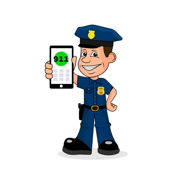 Glad polis med telefon i handen ringa 911 — Stock vektor
