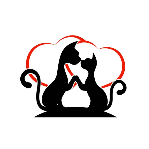 Loving couple of cats on a background of hearts — Stock Vector