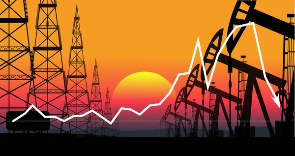 バレルあたりの価格の下落のグラフの背景に石油生産の産業風景ベクトル図 — ストックベクタ