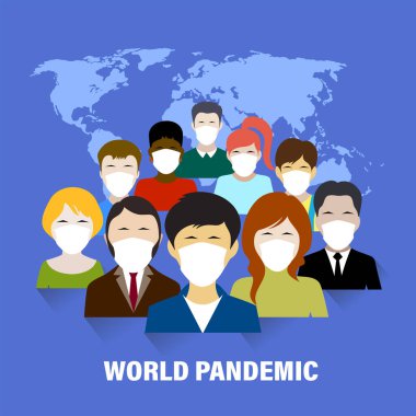 Global pandemic masked people on planet background vector illustration  clipart