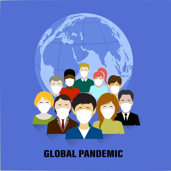 Pandemi Global Bertopeng Orang Planet Vektor Latar Belakang Ilustrasi - Stok Vektor
