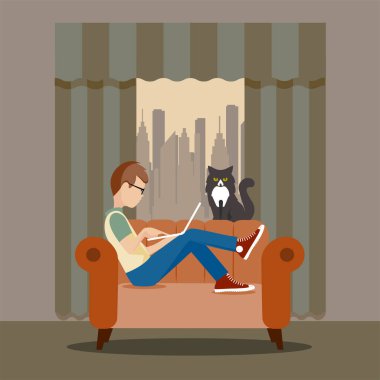 Bilgisayar vektörü illüstrasyonunda uzaktan çalışan adam