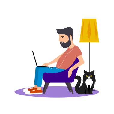 Evde bilgisayardaki adam vektör illüstrasyonunu ayarlıyor.