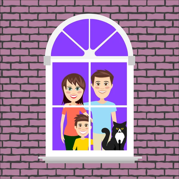 Funny People House Window Vector Illustration — Stock Vector