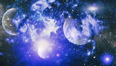 Gezegen ve galaksinin yıldızları serbest uzayda. Bu görüntünün elementleri NASA tarafından desteklenmektedir .