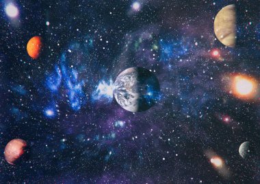 Gezegen ve galaksinin yıldızları serbest uzayda. Bu görüntünün elementleri NASA tarafından desteklenmektedir .