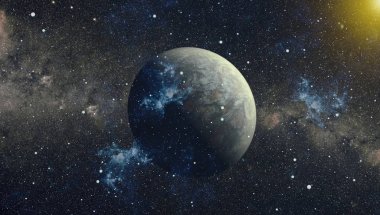 Gezegen ve galaksinin yıldızları serbest uzayda. Bu görüntünün elementleri NASA tarafından desteklenmektedir .