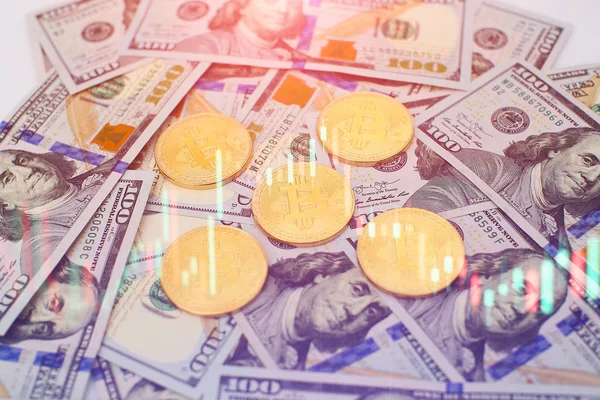 Bitcoin gouden medaille nieuwe virtueel geld en dollar achtergrond. Cryptocurrency. Business en Trading concept. — Stockfoto