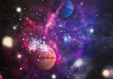 Uzaydaki gezegenler, yıldızlar ve galaksiler uzay keşiflerinin güzelliğini gösteriyor. NASA tarafından döşenmiş elementler