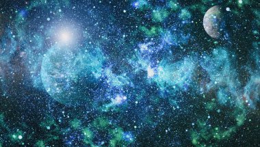 Gezegen ve galaksinin yıldızları serbest uzayda. Bu görüntünün elementleri NASA tarafından desteklenmektedir .