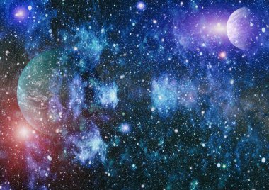 Gezegen ve galaksinin yıldızları serbest uzayda. Bu görüntünün elementleri NASA tarafından desteklenmektedir .