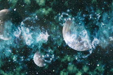 Gezegen ve galaksinin yıldızları serbest uzayda. Bu görüntünün elementleri NASA tarafından desteklenmektedir .