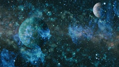 Gezegen ve galaksinin yıldızları serbest uzayda. Bu görüntünün elementleri NASA tarafından desteklenmektedir .