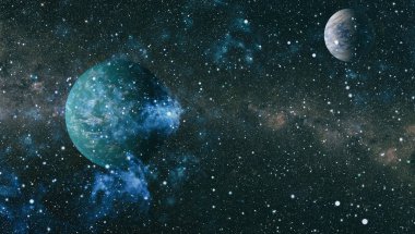 Gezegen ve galaksinin yıldızları serbest uzayda. Bu görüntünün elementleri NASA tarafından desteklenmektedir .