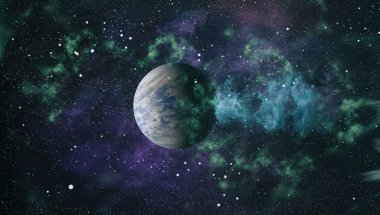 Gezegen ve galaksinin yıldızları serbest uzayda. Bu görüntünün elementleri NASA tarafından desteklenmektedir .