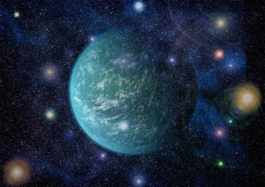 Gezegen ve galaksinin yıldızları serbest uzayda. Bu görüntünün elementleri NASA tarafından desteklenmektedir .