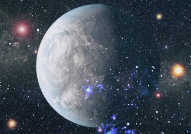 Gezegen ve galaksinin yıldızları serbest uzayda. Bu görüntünün elementleri NASA tarafından desteklenmektedir .