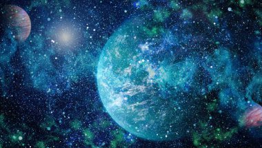 Gezegen ve galaksinin yıldızları serbest uzayda. Bu görüntünün elementleri NASA tarafından desteklenmektedir .