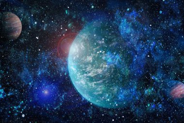 Gezegen ve galaksinin yıldızları serbest uzayda. Bu görüntünün elementleri NASA tarafından desteklenmektedir .