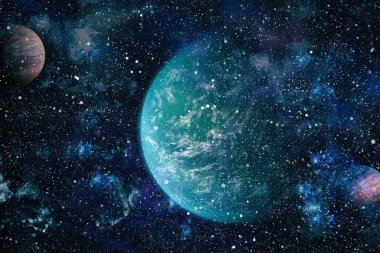 Gezegen ve galaksinin yıldızları serbest uzayda. Bu görüntünün elementleri NASA tarafından desteklenmektedir .