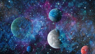 Gezegen ve galaksinin yıldızları serbest uzayda. Bu görüntünün elementleri NASA tarafından desteklenmektedir .