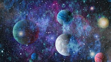 Gezegen ve galaksinin yıldızları serbest uzayda. Bu görüntünün elementleri NASA tarafından desteklenmektedir .